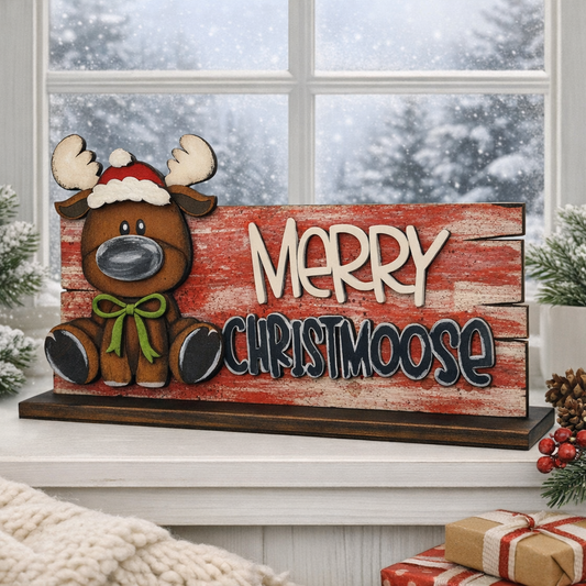 Hand painted layered wood Christmas moose shelf sitter featuring a whimsical “Merry Christmoose” design. Rustic holiday décor perfect for mantles, tiered trays, and winter farmhouse styling. Unique handmade Christmas decoration.