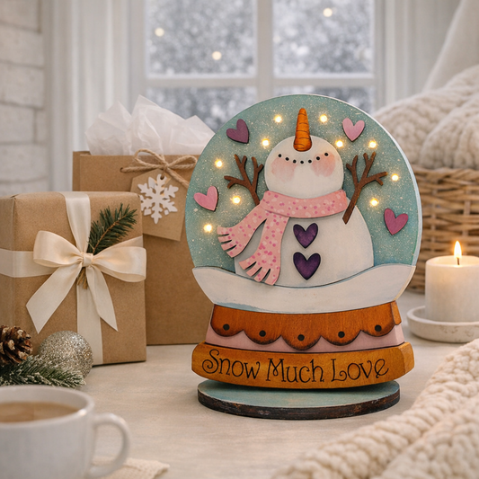 Lighted Snowman Globe Shelf Sitter with LED lights and “Snow Much Love” design. Handmade wood Christmas decor, perfect for mantels, tiered trays, and cozy winter homes.