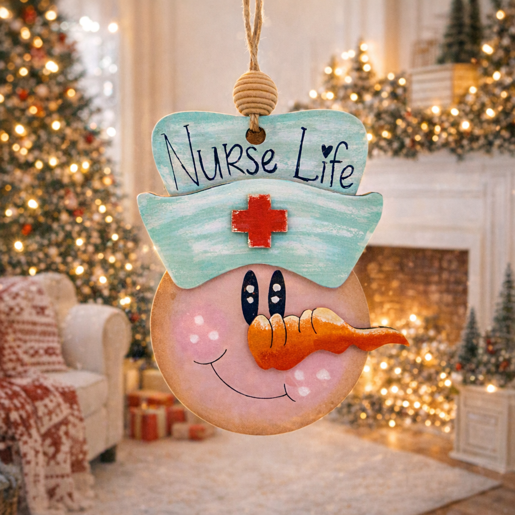 Hand painted Wooden Nurse Snowman Christmas Ornament with layered basswood design and engraved “Nurse Life” lettering. A perfect Christmas gift for nurses, nursing students, and healthcare workers.