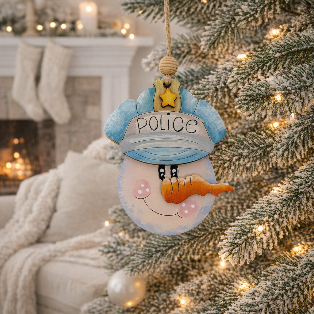 Hand painted wooden Police Snowman Christmas Ornament made from layered basswood with engraved POLICE lettering. Lightweight, rustic, and ready to hang. A perfect law enforcement Christmas gift or keepsake.