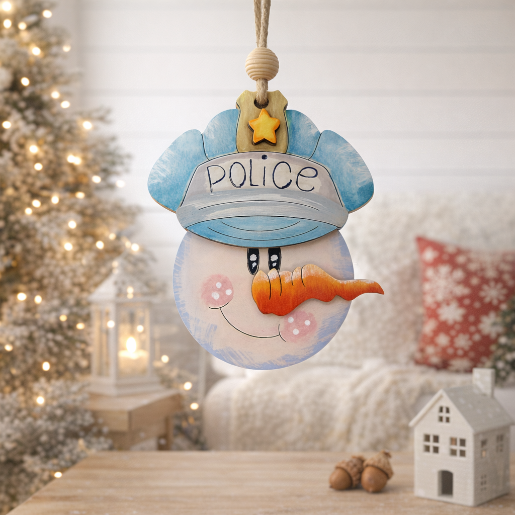 Hand painted wooden Police Snowman Christmas Ornament made from layered basswood with engraved POLICE lettering. Lightweight, rustic, and ready to hang. A perfect law enforcement Christmas gift or keepsake.