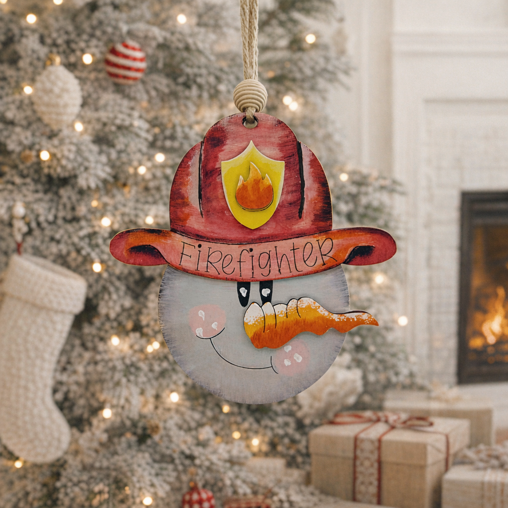 Hand painted Wooden Firefighter Snowman Christmas Ornament made from layered basswood with engraved “FIREFIGHTER” lettering. Rustic, lightweight, and ready to hang. Perfect firefighter gift or first responder holiday décor.