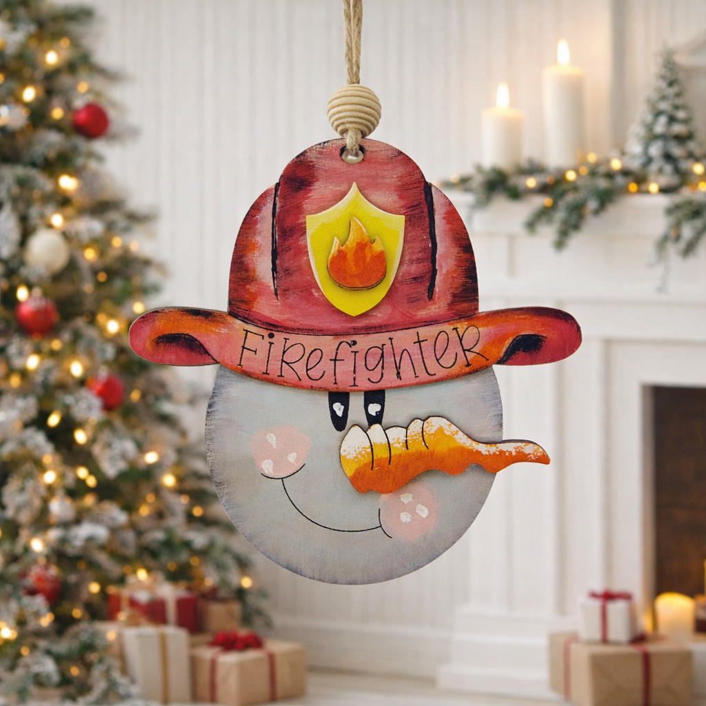 Hand painted Wooden Firefighter Snowman Christmas Ornament made from layered basswood with engraved “FIREFIGHTER” lettering. Rustic, lightweight, and ready to hang. Perfect firefighter gift or first responder holiday décor.