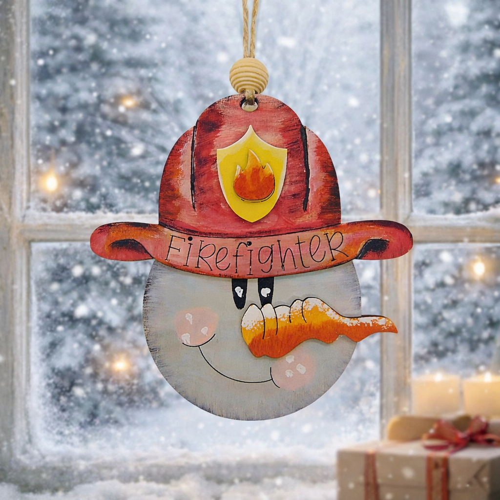 Hand painted Wooden Firefighter Snowman Christmas Ornament made from layered basswood with engraved “FIREFIGHTER” lettering. Rustic, lightweight, and ready to hang. Perfect firefighter gift or first responder holiday décor.