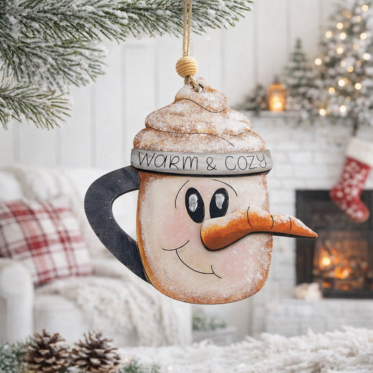 Hand painted wooden Snowman Coffee Mug Christmas Ornament. Cozy engraved mug design. Lightweight, durable, and perfect for holiday décor or gifting.