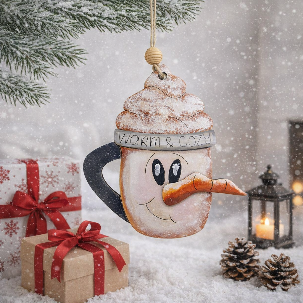 Hand painted wooden Snowman Coffee Mug Christmas Ornament. Cozy engraved mug design. Lightweight, durable, and perfect for holiday décor or gifting.