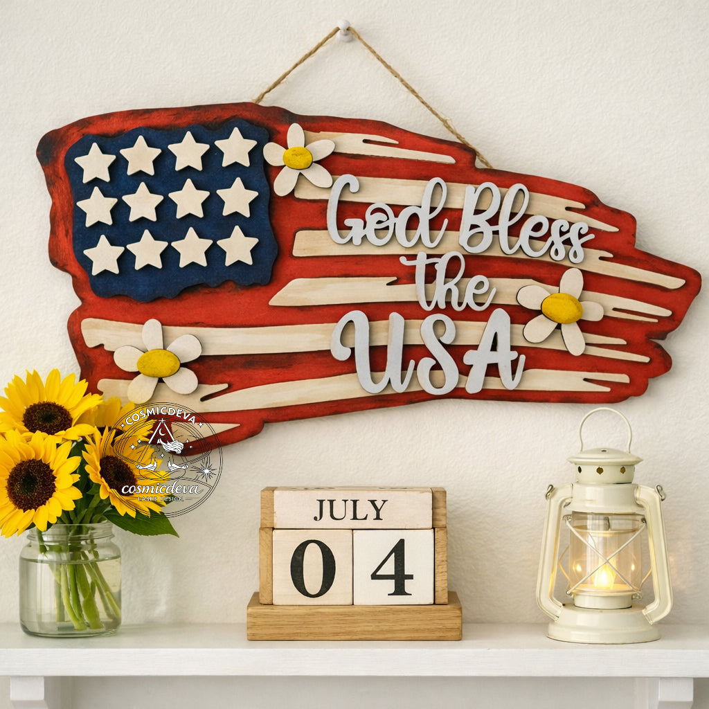 Handmade rustic American flag wall sign with layered laser-cut wood, distressed paint, and raised “God Bless the USA” lettering. Patriotic farmhouse décor perfect for July 4th or gifting.