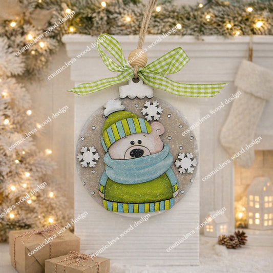 Hand painted Polar Bear Sweater Scarf Ornament with a winter hat and scarf. Cozy layered birchwood Christmas décor perfect for trees, stockings, gift tags, and holiday gifting.