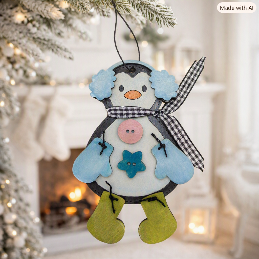 Handmade stitched wooden penguin ornament with mitten and checkerboard bow scarf. Cozy hand painted Christmas décor or DIY unfinished wood kit. Perfect for trees, stockings, and unique holiday gifts.