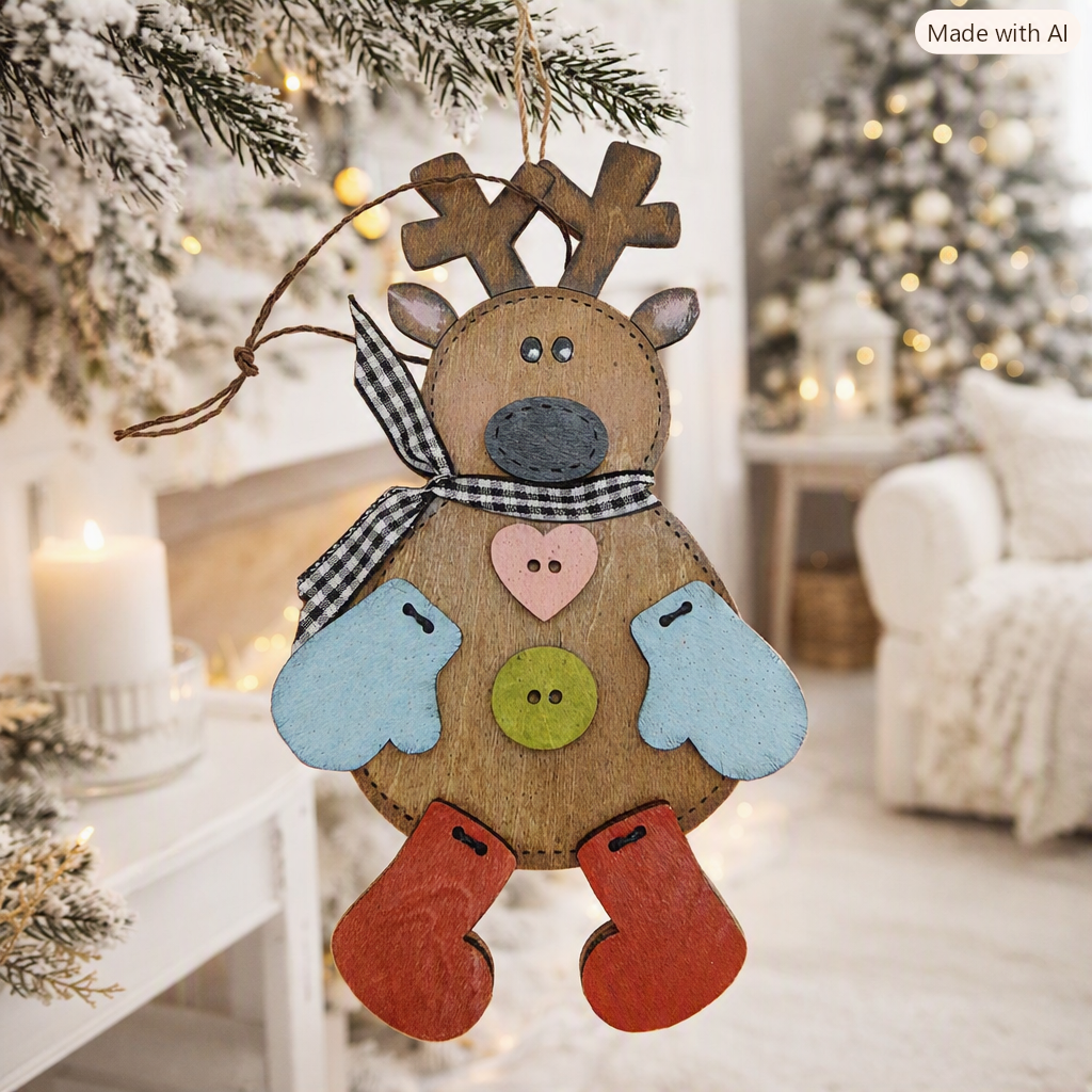 Handmade stitched wooden reindeer ornament with mitten and checkerboard bow scarf. Cute Christmas tree décor, winter holiday gift, hand painted layered wood ornament for festive decorating.