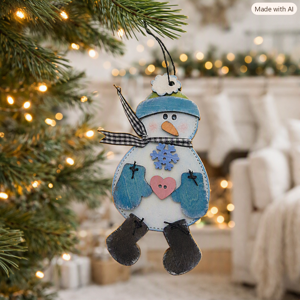 Handmade wooden stitched snowman ornament with fabric scarf, blue mitten, carrot nose, and hand painted layered details. Cute Christmas décor and winter holiday gift. DIY KIT