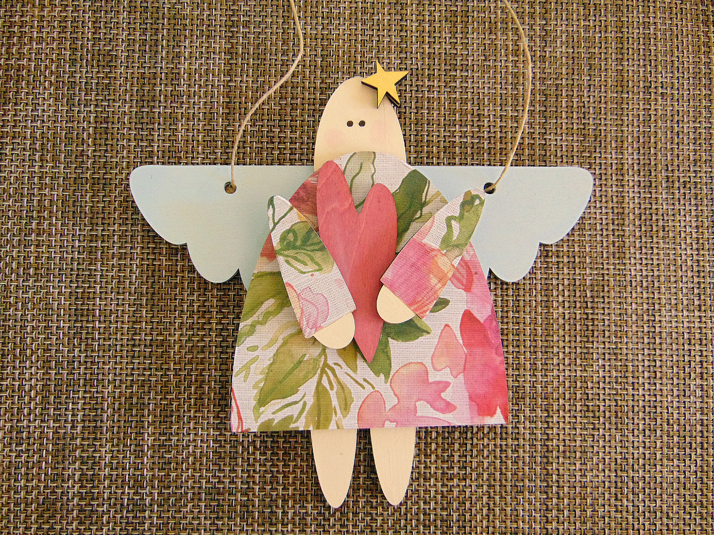 Hand Painted Wooden Folk Art Angel Ornament • Layered Christmas Angel • Floral Rustic Holiday Decor - CosmicDeva