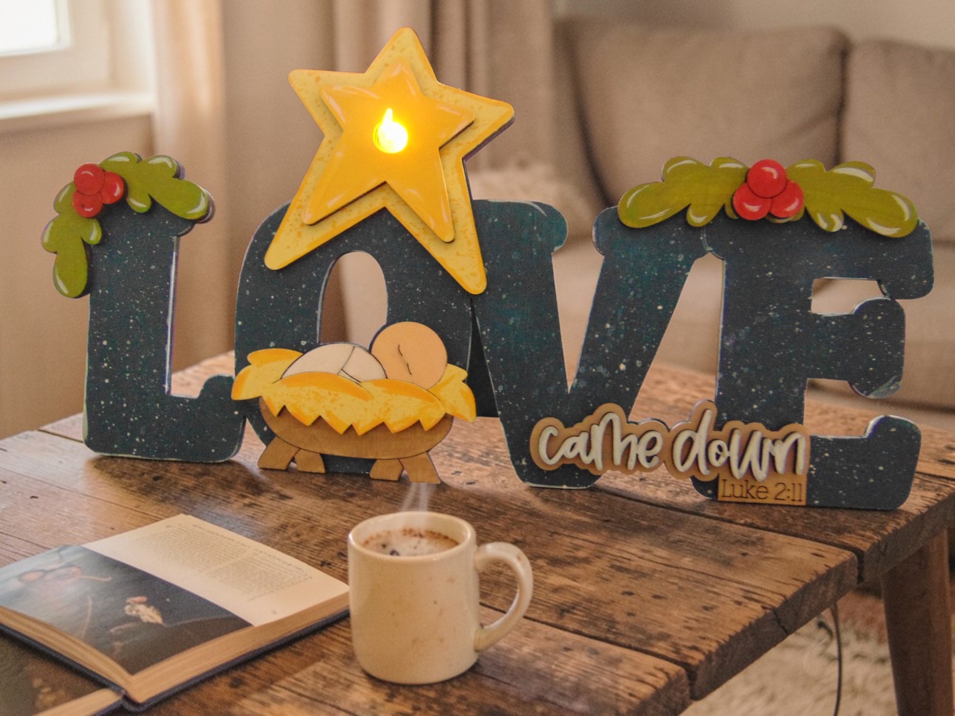 Wooden Love Came Down Christmas Shelf Sitter with LED Tealight – Hand Painted Nativity Decor – Rustic Christian Christmas Decoration - CosmicDeva