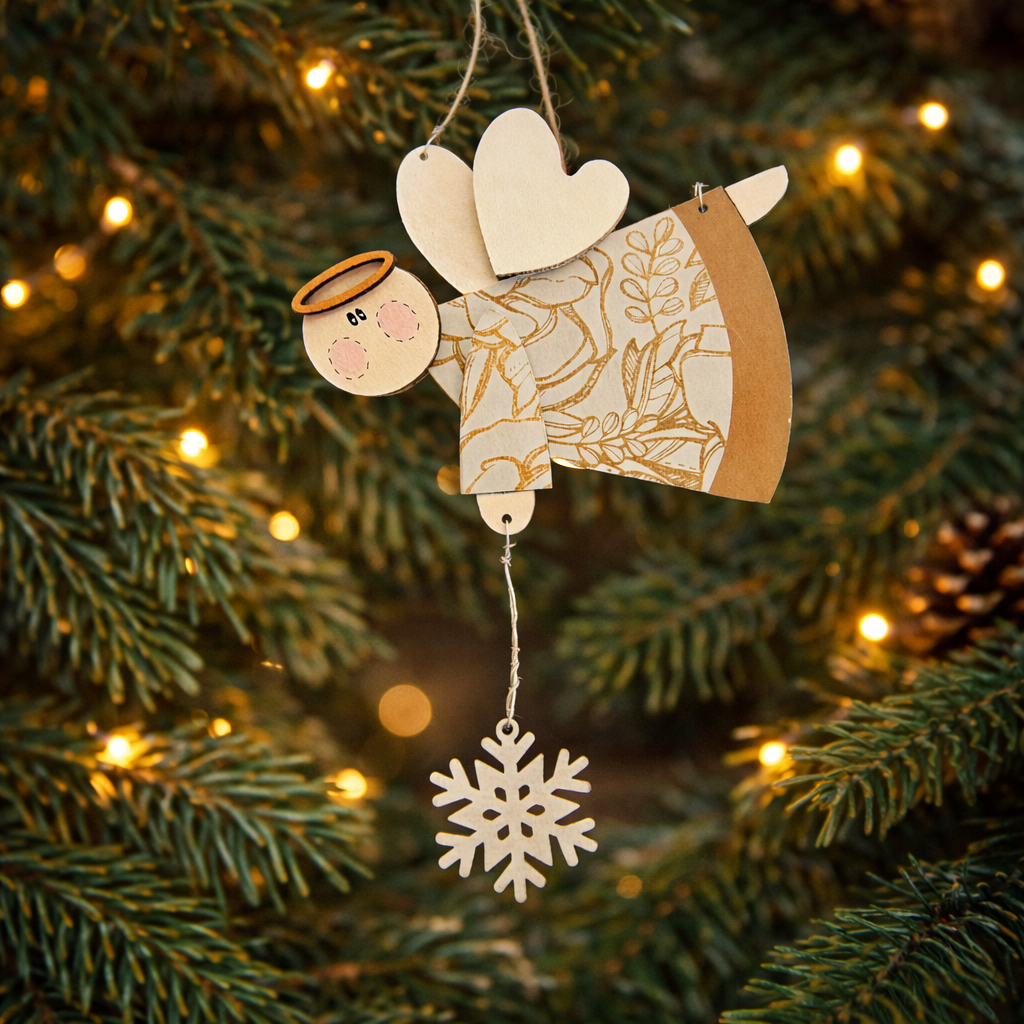 Wooden Flying Angel Ornament with Halo & Snowflake – Rustic Folk Art Hand Painted Christmas Décor - CosmicDeva