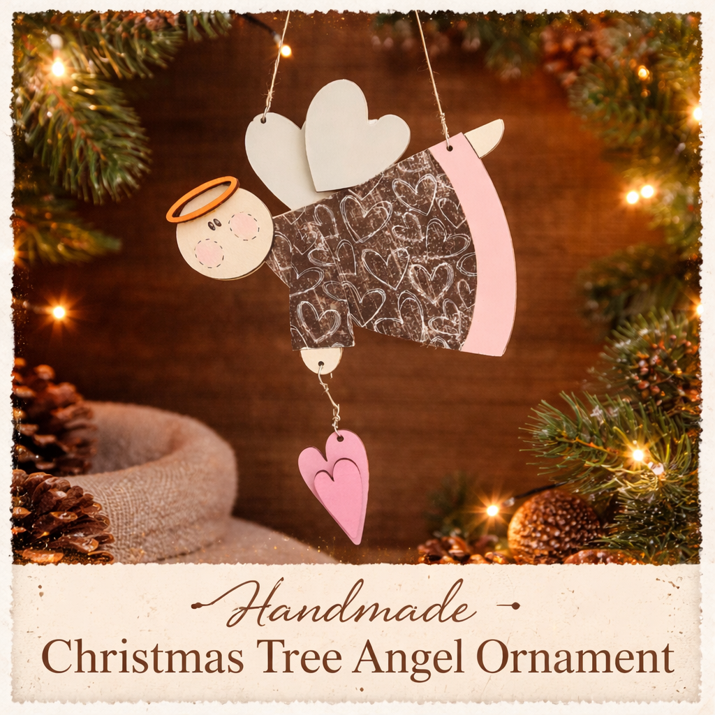 Farmhouse Wooden Flying Angel Ornament with Halo & Pink Heart – Rustic Hand Painted Christmas Décor - CosmicDeva