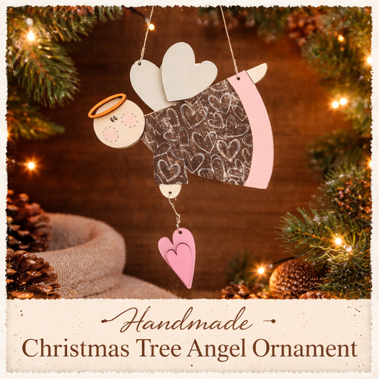 Farmhouse Wooden Flying Angel Ornament with Halo & Pink Heart – Rustic Hand Painted Christmas Décor - CosmicDeva