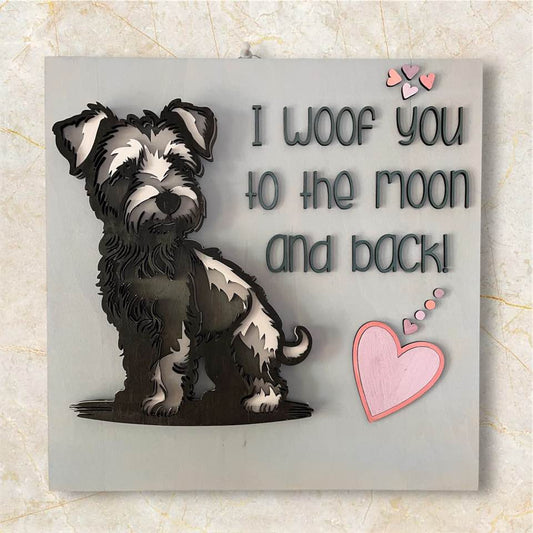 Wooden 3D Terrier Dog Wall Decor – “I Woof You to the Moon and Back” - CosmicDeva