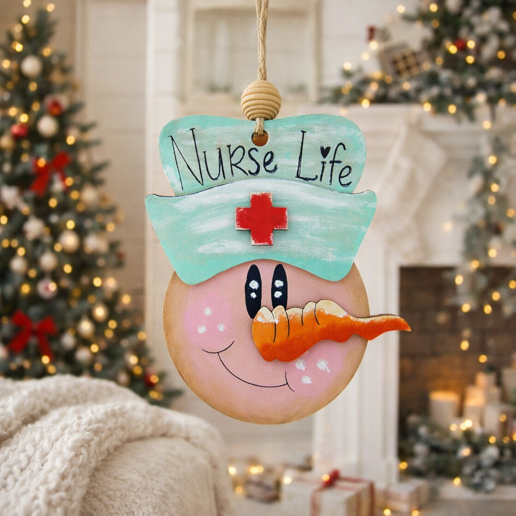 Hand painted Wooden Nurse Snowman Christmas Ornament with layered basswood design and engraved “Nurse Life” lettering. A perfect Christmas gift for nurses, nursing students, and healthcare workers.