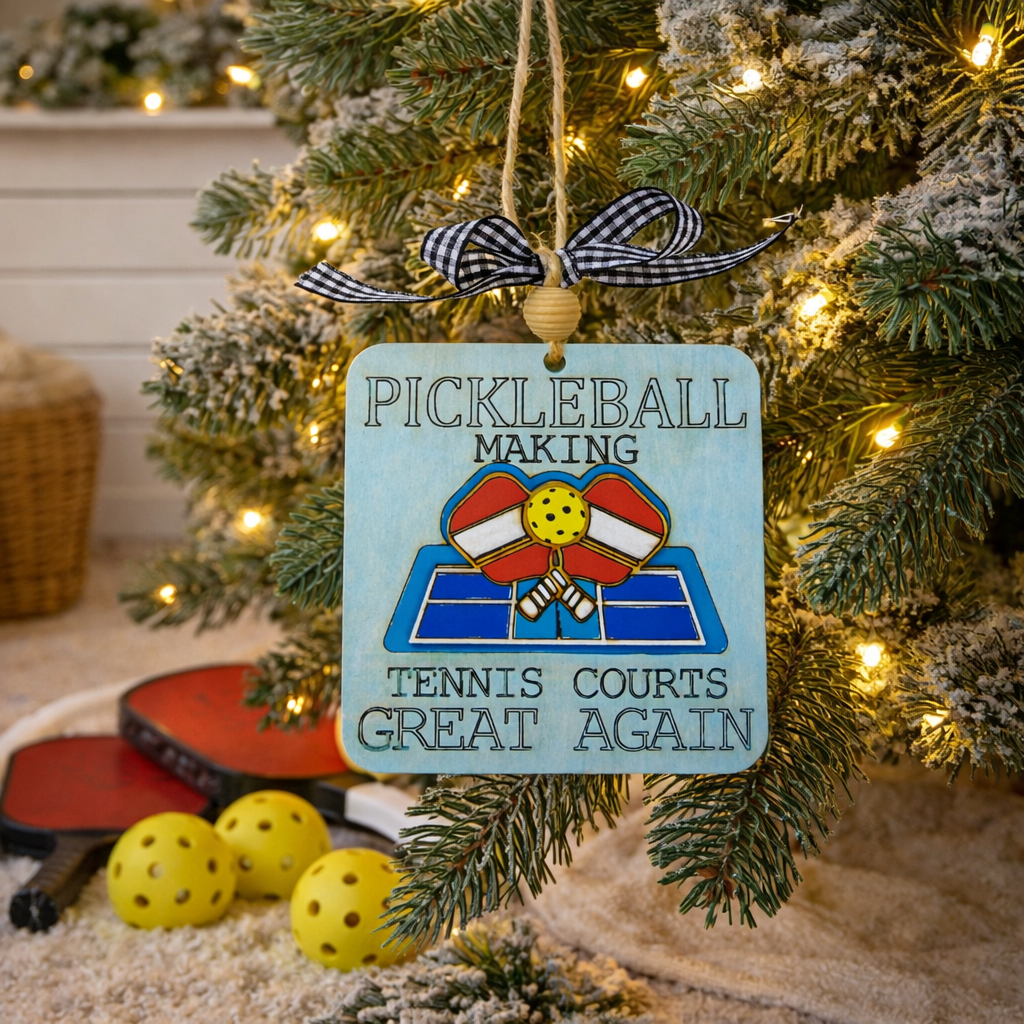 Celebrate the sport you love with this handcrafted Pickleball Ornament featuring the engraved phrase “Pickleball making tennis courts great again” and a 3D layered wood court with crossed paddles. Laser cut, hand painted, double sided, and gift ready—perfect for pickleball players, fans, and holiday décor.