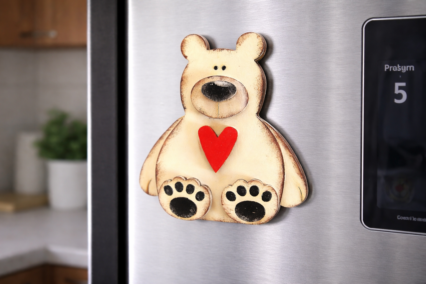 White Sitting Polar Bear with Heart – Handmade Wooden Magnet - CosmicDeva