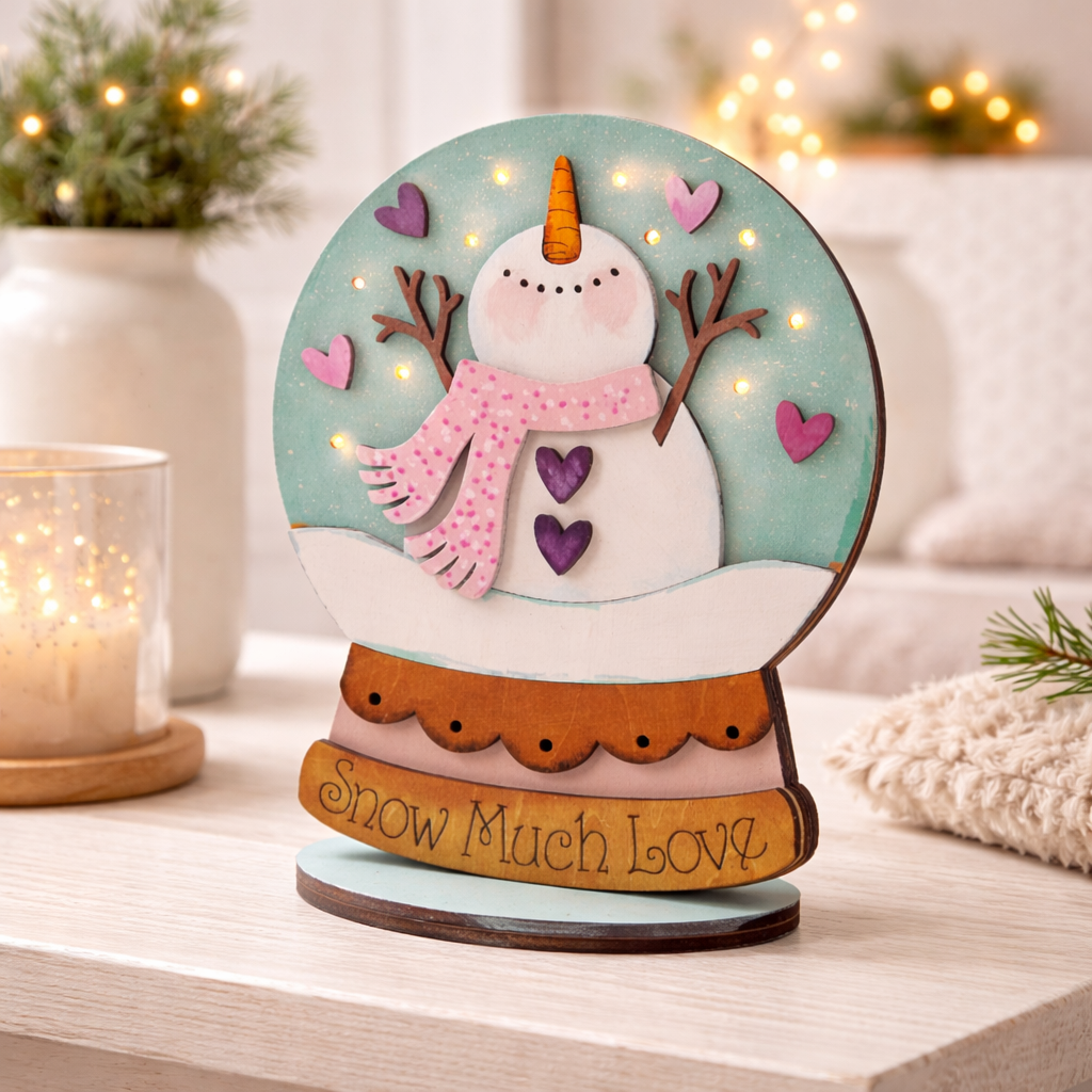 Lighted Snowman Globe Shelf Sitter with LED lights and “Snow Much Love” design. Handmade wood Christmas decor, perfect for mantels, tiered trays, and cozy winter homes.