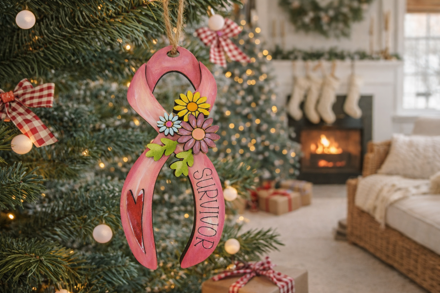 Hand painted wooden breast cancer survivor floral ribbon ornament with engraved “Survivor” text and layered heart. Meaningful pink ribbon awareness gift and inspirational keepsake.