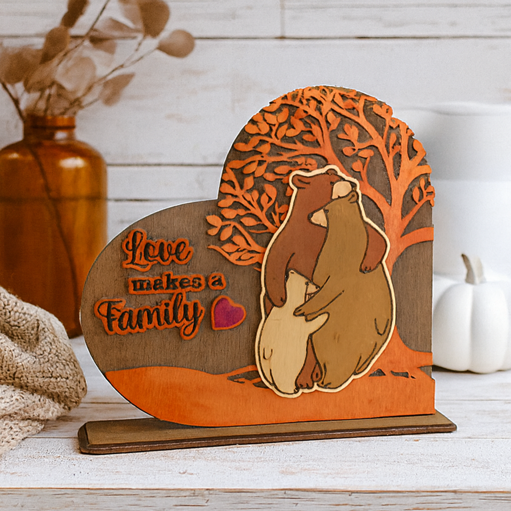 Heart-Shaped Wooden Bear Family Stand - CosmicDeva