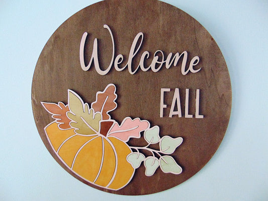 Welcome Fall Pumkin Door Hanger, MADE TO ORDER - Welcome Fall Sign - CosmicDeva