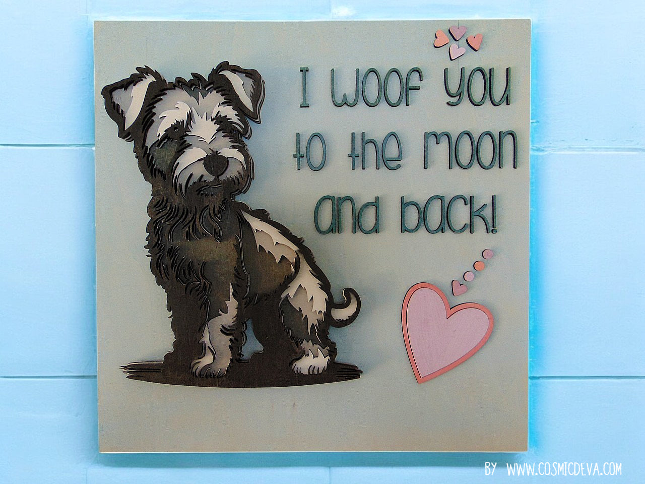 Wooden 3D Terrier Dog Wall Decor – “I Woof You to the Moon and Back” - CosmicDeva