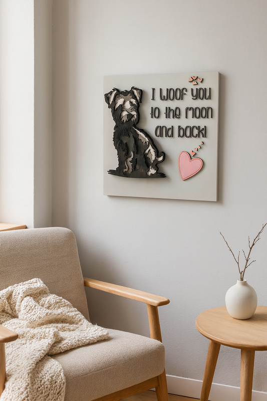 Wooden 3D Terrier Dog Wall Decor – “I Woof You to the Moon and Back” - CosmicDeva