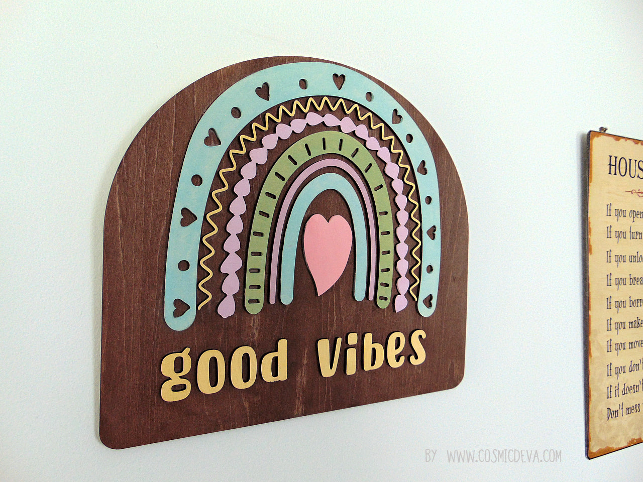 W-021 Wooden 3D Good Vibes Rainbow Wall Sign – Inspirational Multicolored Rainbow Décor