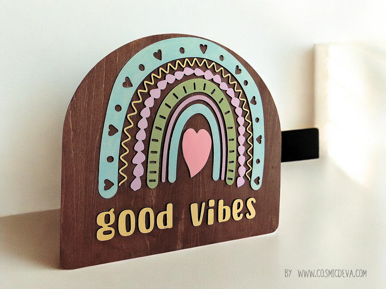 W-021 Wooden 3D Good Vibes Rainbow Wall Sign – Inspirational Multicolored Rainbow Décor