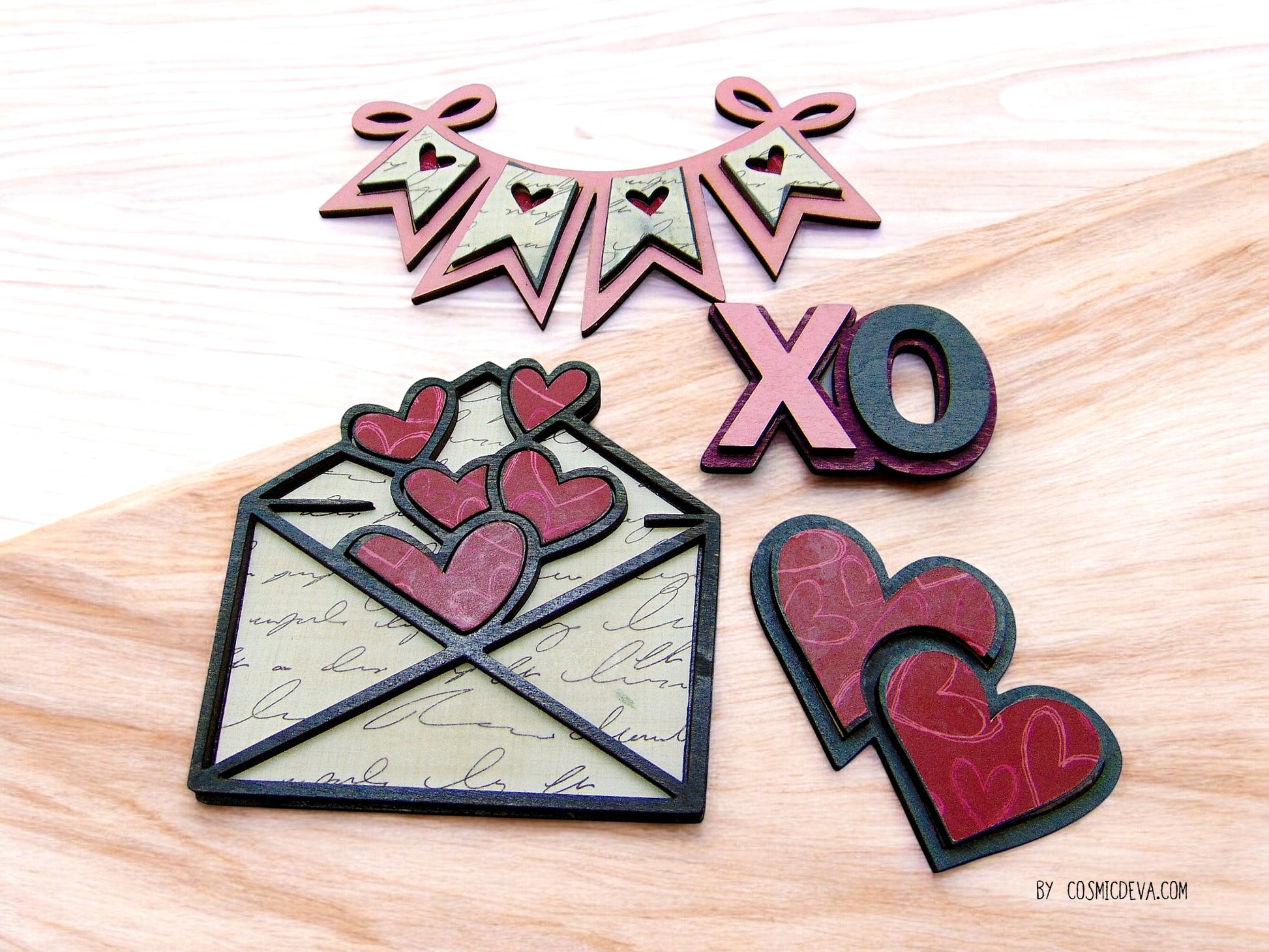 Set of 4 Handmade Wooden Refrigerator Magnets - Love & Valentine's Day Design - CosmicDeva