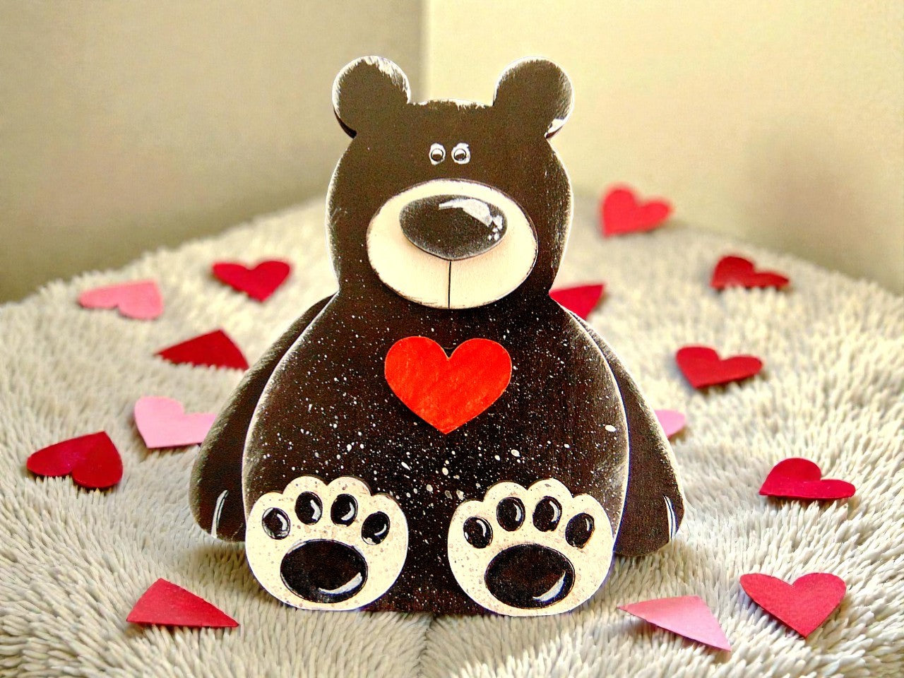 Black Bear with Heart Magnet | Handmade Wooden Bear | Valentine Gift Fridge Decor - CosmicDeva