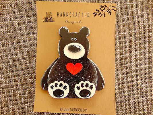 Black Bear with Heart Magnet | Handmade Wooden Bear | Valentine Gift Fridge Decor - CosmicDeva