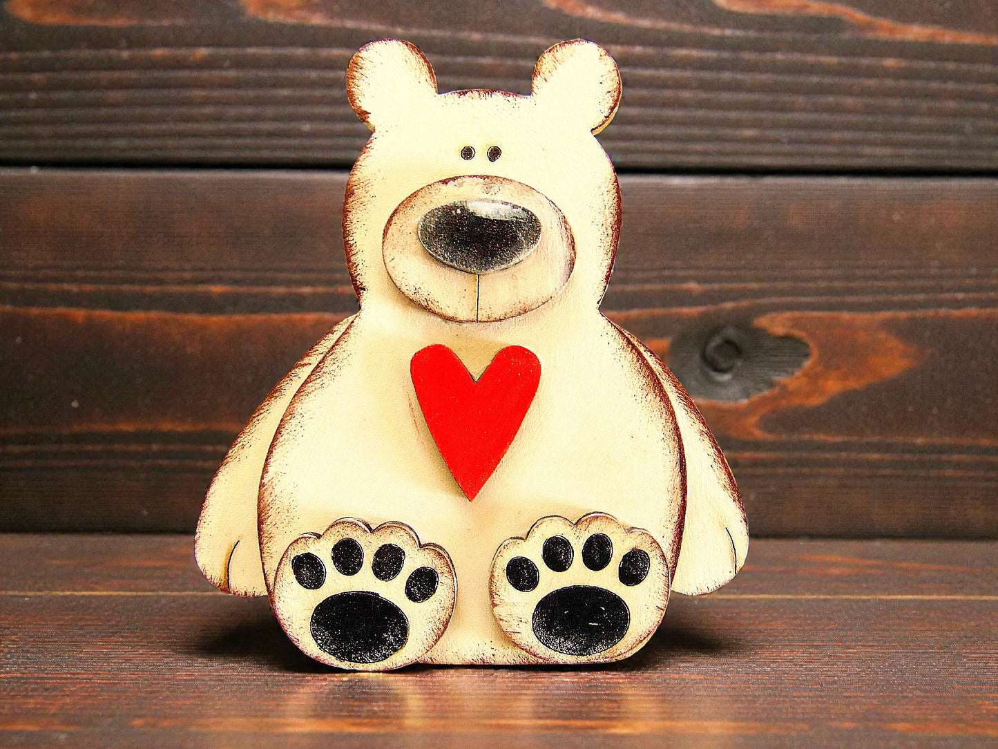 White Sitting Polar Bear with Heart – Handmade Wooden Magnet - CosmicDeva