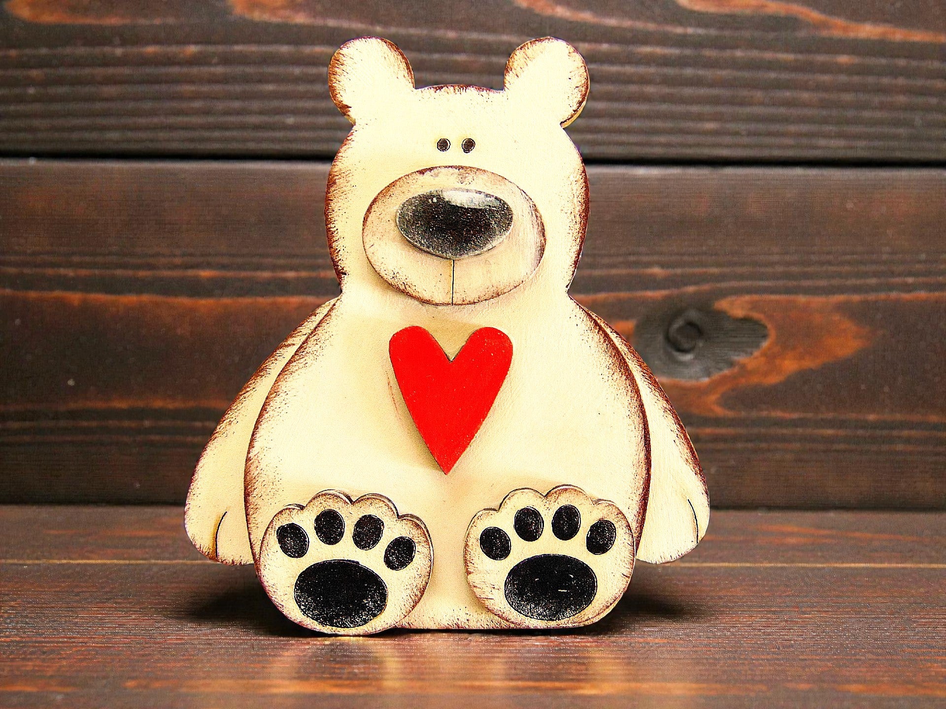 White Sitting Polar Bear with Heart – Handmade Wooden Magnet - CosmicDeva