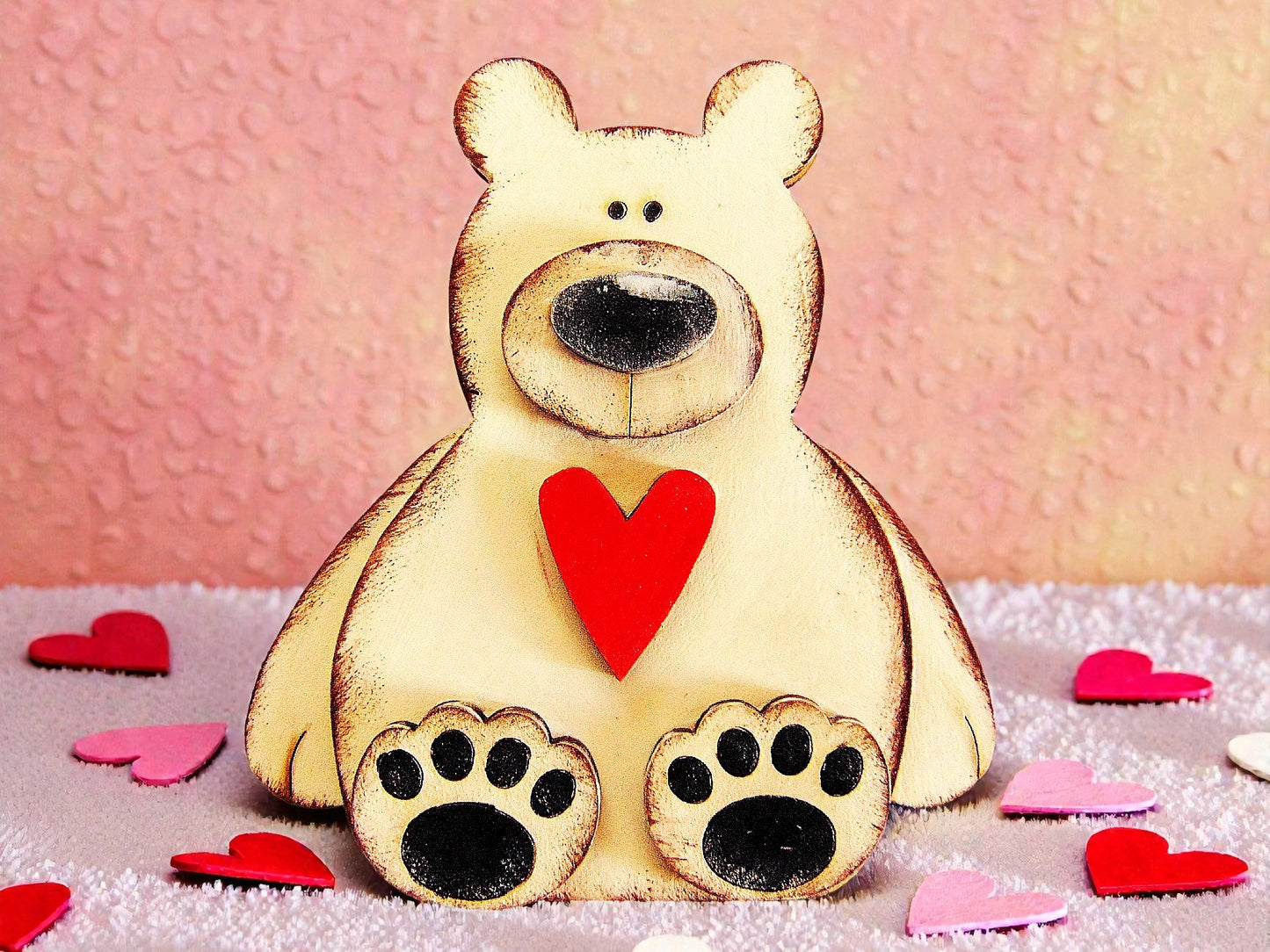 White Sitting Polar Bear with Heart – Handmade Wooden Magnet - CosmicDeva