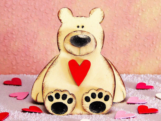 White Sitting Polar Bear with Heart – Handmade Wooden Magnet - CosmicDeva