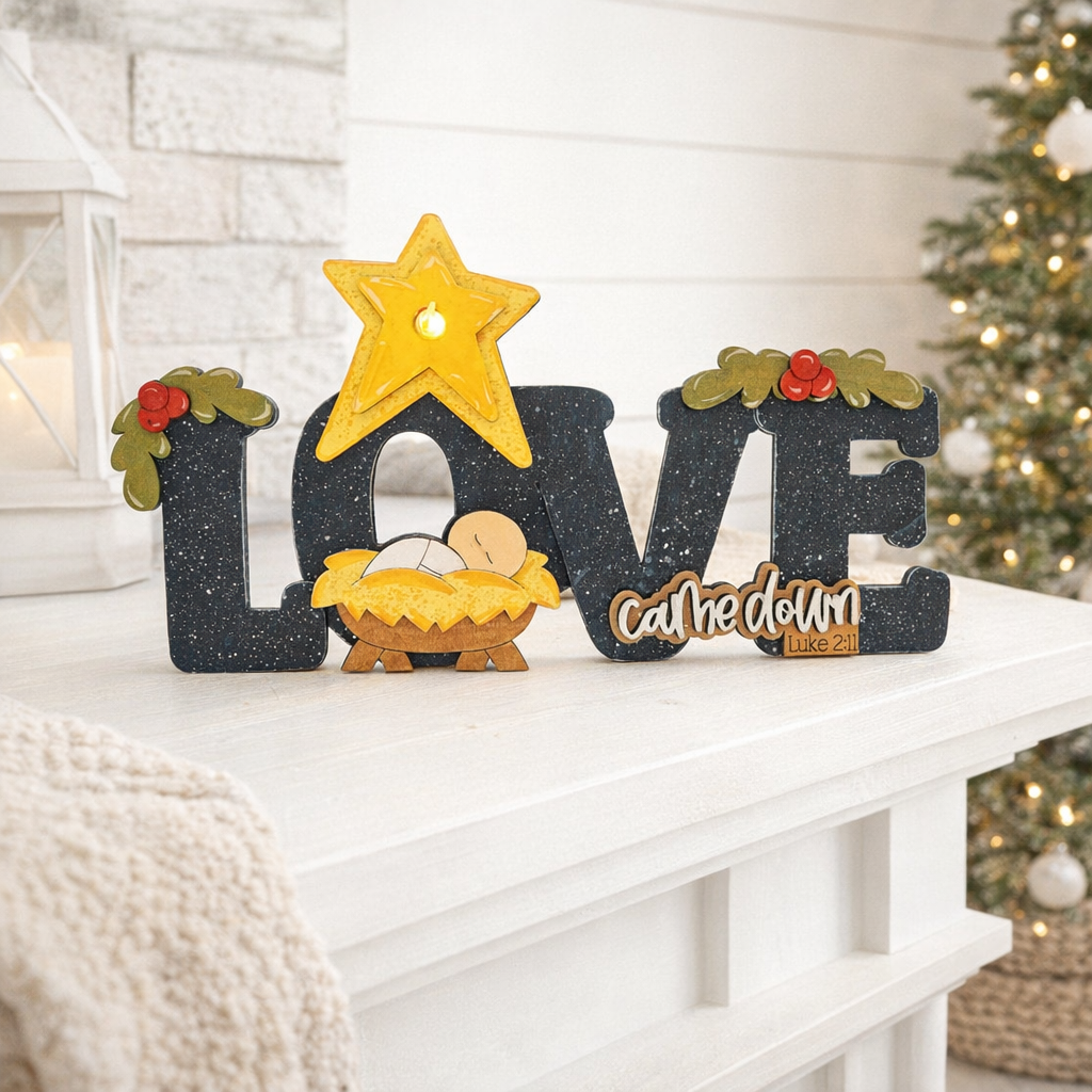 Hand Painted Wooden Baby Jesus in the crib - Love Came Down - Shelf Sitter with LED Tealight, Hand Painted Nativity Decor - CosmicDeva