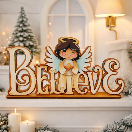 Farmhouse Christmas Angel Shelf Sitter – Rustic Wooden Believe Sign – Cottagecore Holiday Decor – Neutral Country Christmas Decoration - CosmicDeva
