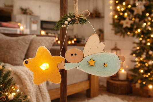 Wooden Flying Angel Ornament with LED Light | Primitive Folk Art Christmas Decoration - CosmicDeva