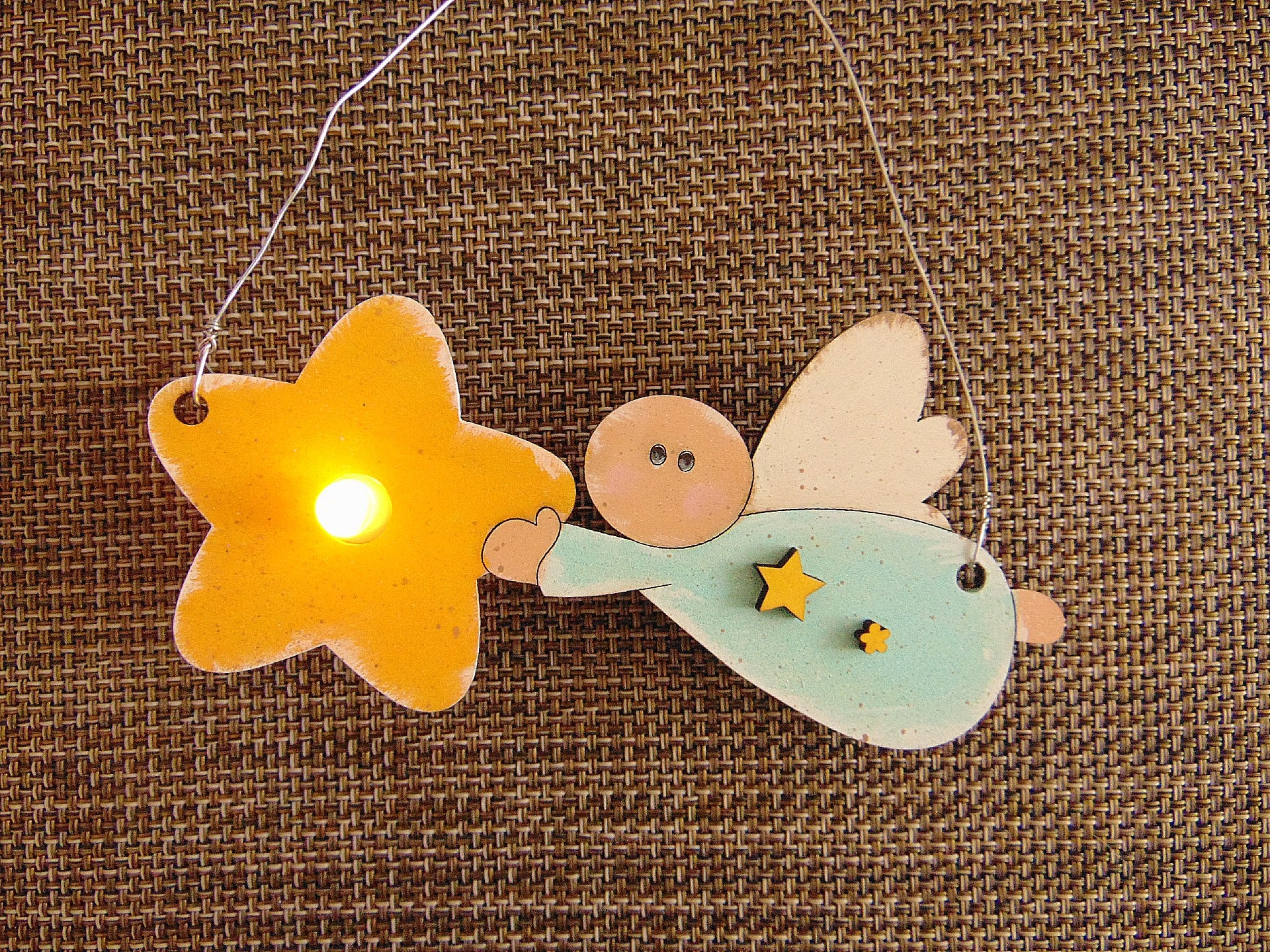 Wooden Flying Angel Ornament with LED Light | Primitive Folk Art Christmas Decoration - CosmicDeva