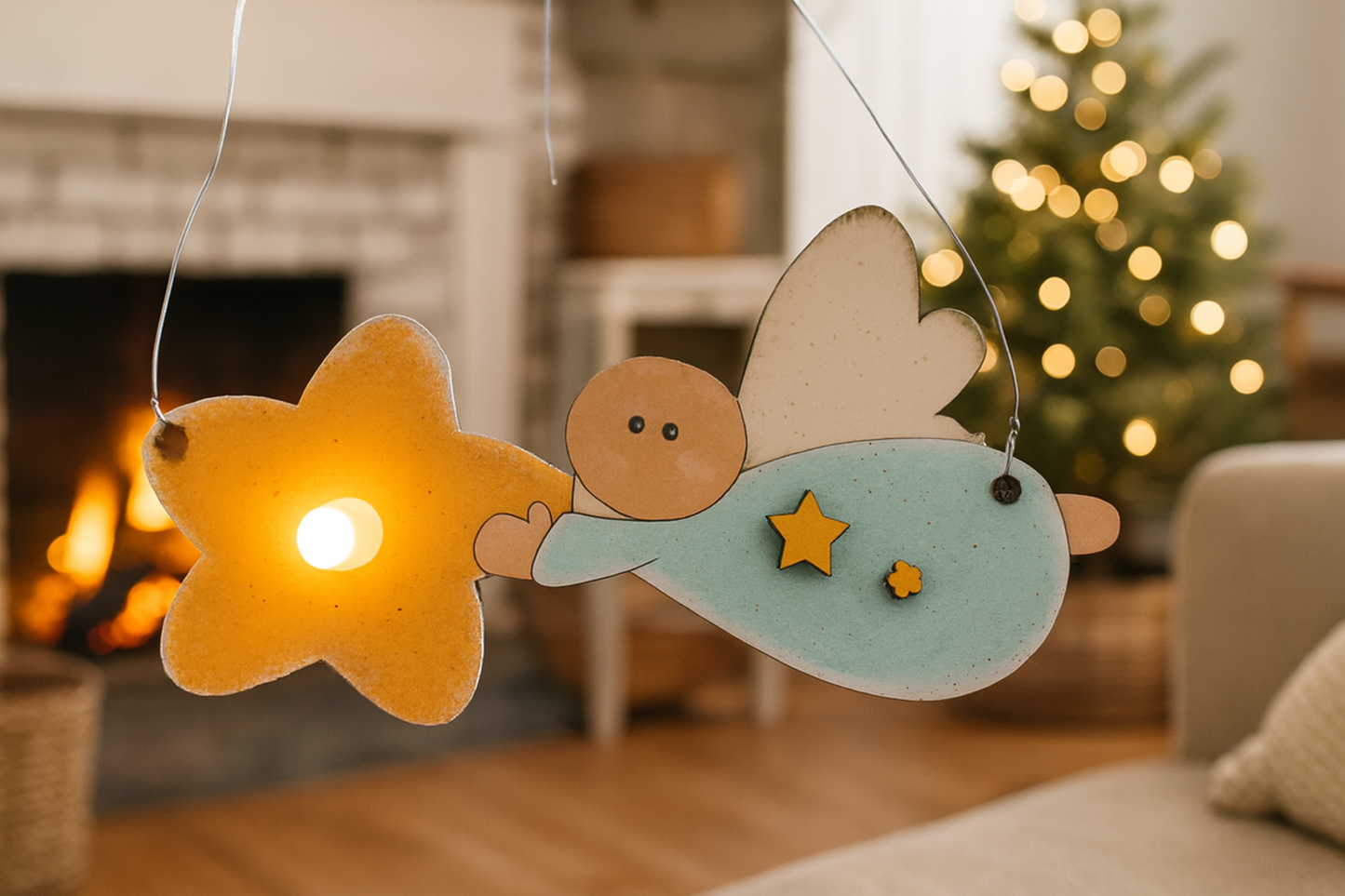 Wooden Flying Angel Ornament with LED Light | Primitive Folk Art Christmas Decoration - CosmicDeva