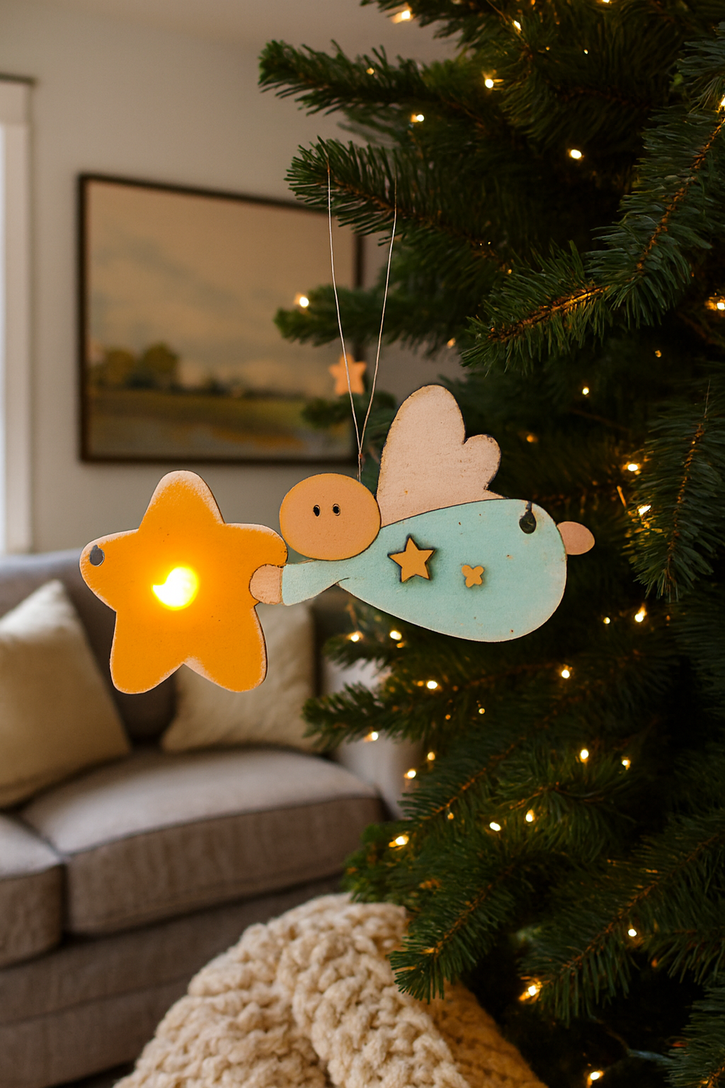 Wooden Flying Angel Ornament with LED Light | Primitive Folk Art Christmas Decoration - CosmicDeva