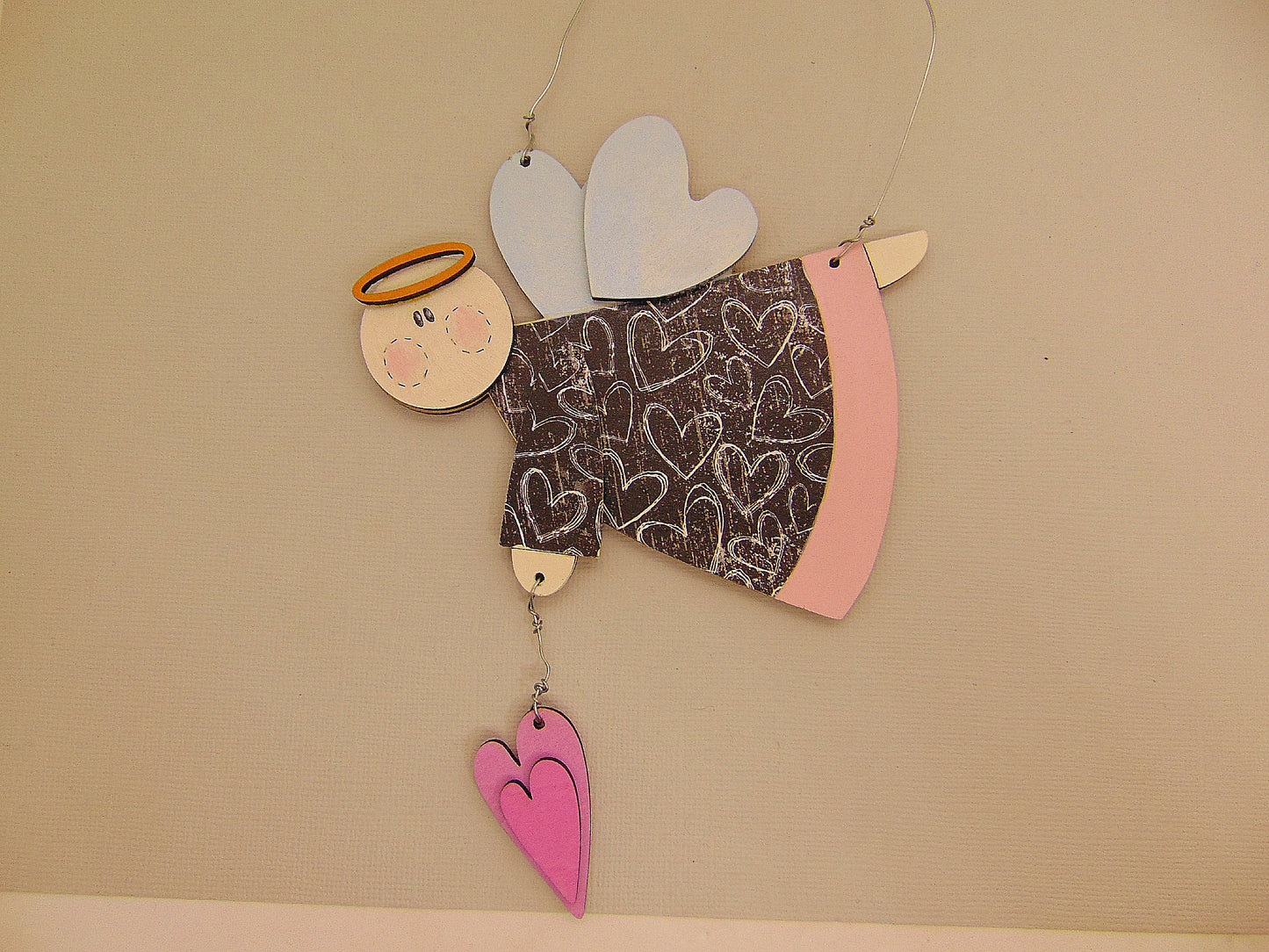 Farmhouse Wooden Flying Angel Ornament with Halo & Pink Heart – Rustic Hand Painted Christmas Décor - CosmicDeva
