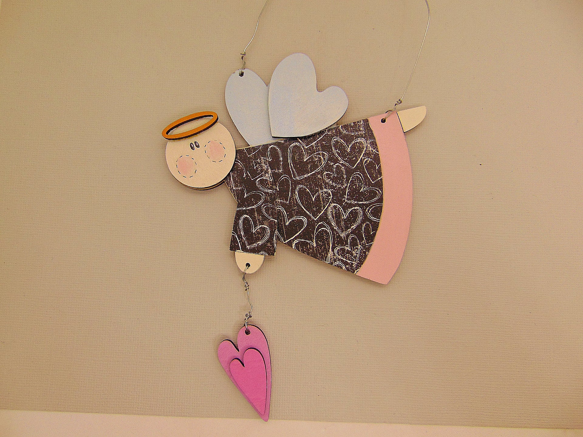 Farmhouse Wooden Flying Angel Ornament with Halo & Pink Heart – Rustic Hand Painted Christmas Décor - CosmicDeva