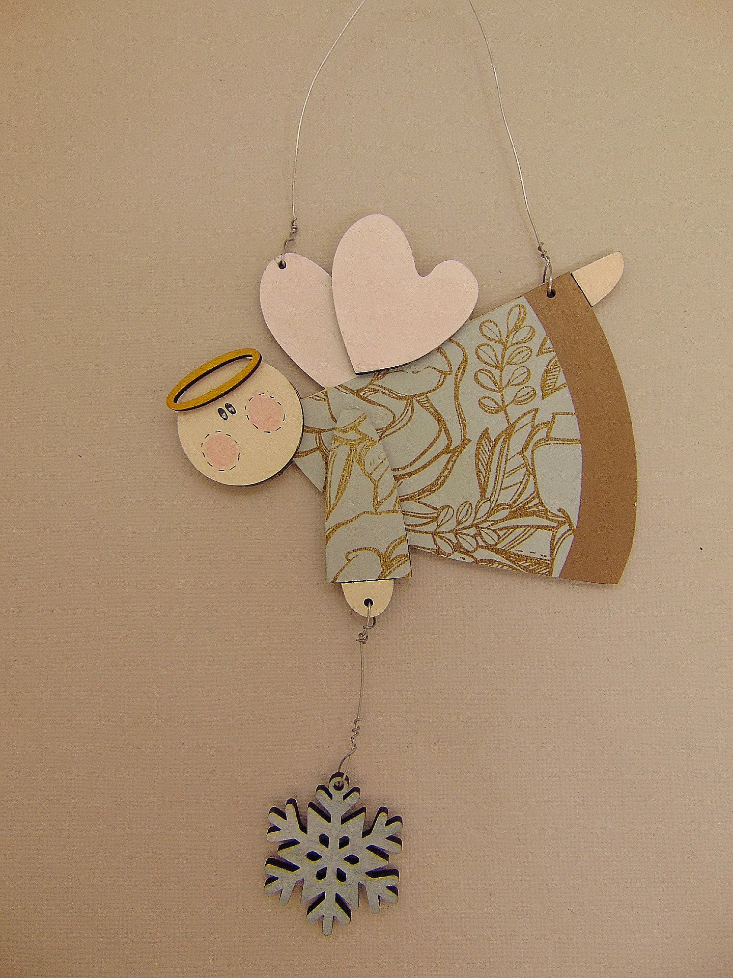Wooden Flying Angel Ornament with Halo & Snowflake – Rustic Folk Art Hand Painted Christmas Décor - CosmicDeva