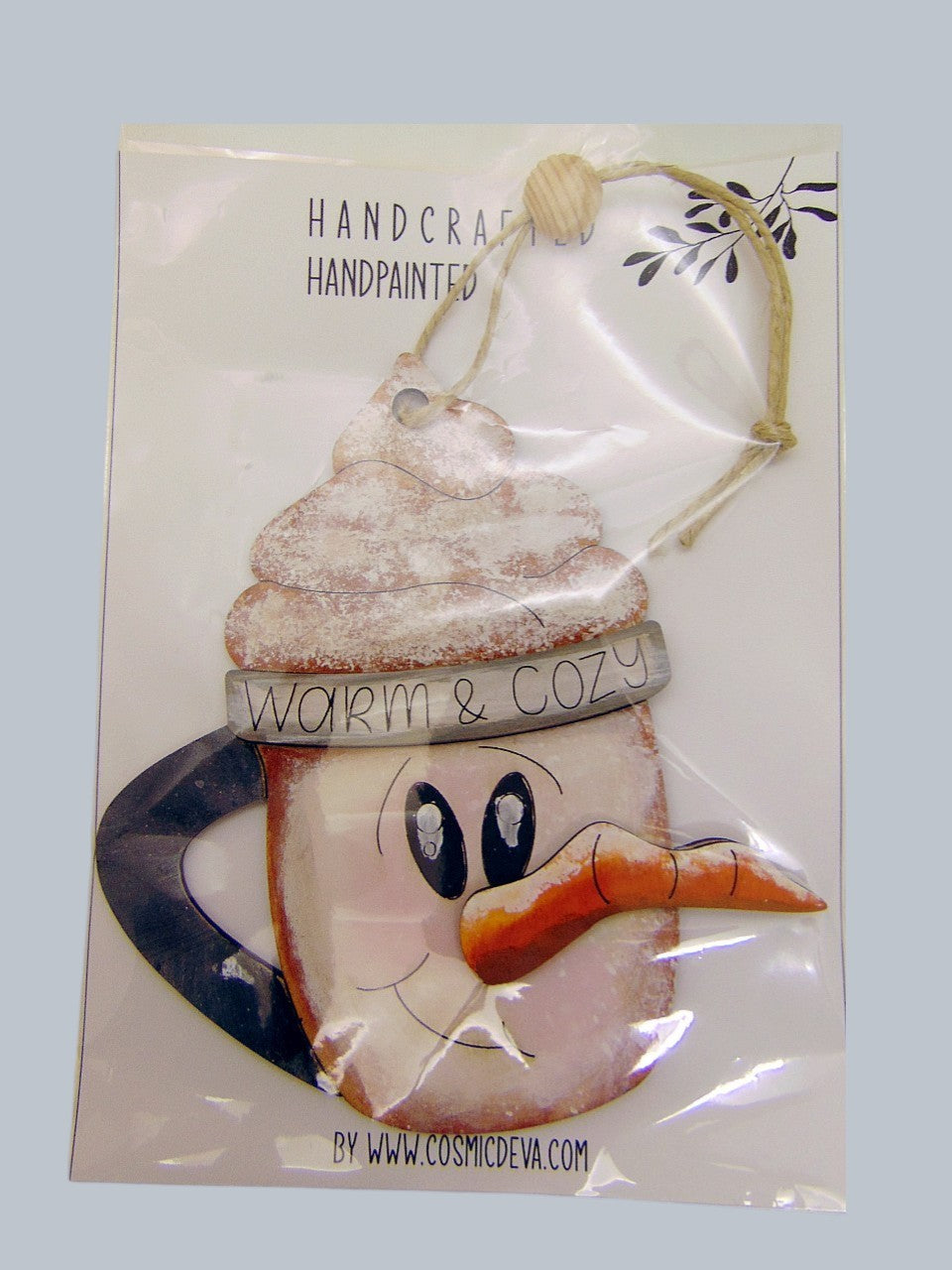 Hand painted wooden Snowman Coffee Mug Christmas Ornament. Cozy engraved mug design. Lightweight, durable, and perfect for holiday décor or gifting.