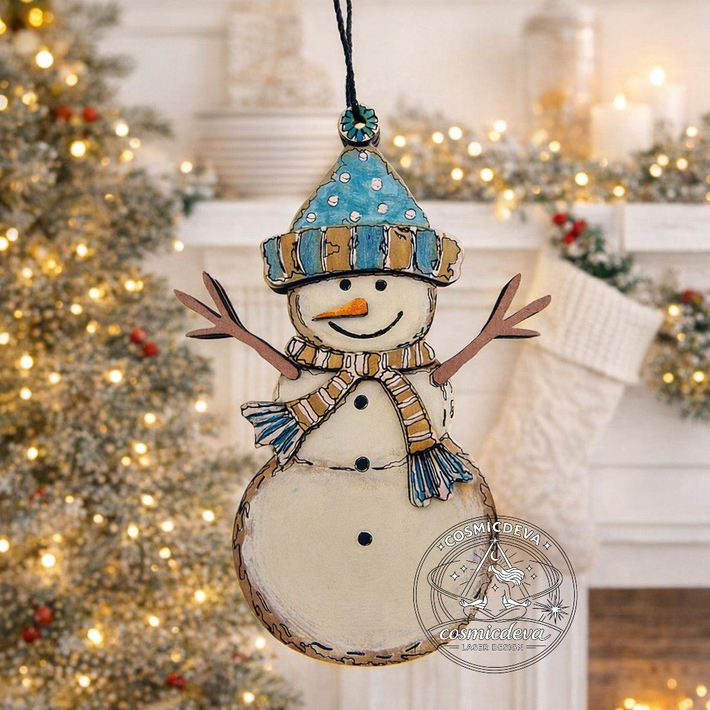 Wooden Snowman Christmas Ornament with Scarf and Hat • Wood Blanks,  Ready to Paint or Hand Painted • DIY Holiday Craft • Layered Wood Ornament (Copy) - CosmicDeva